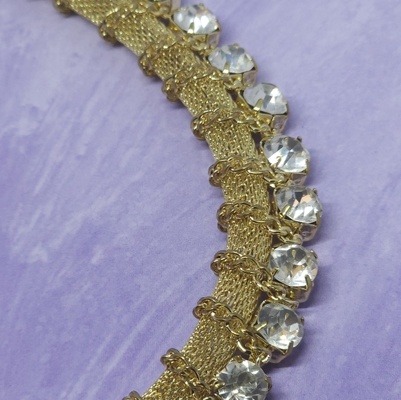 Gold Tone & Rhinestone Statement Mesh and Chain Necklace - Picture 3 of 10